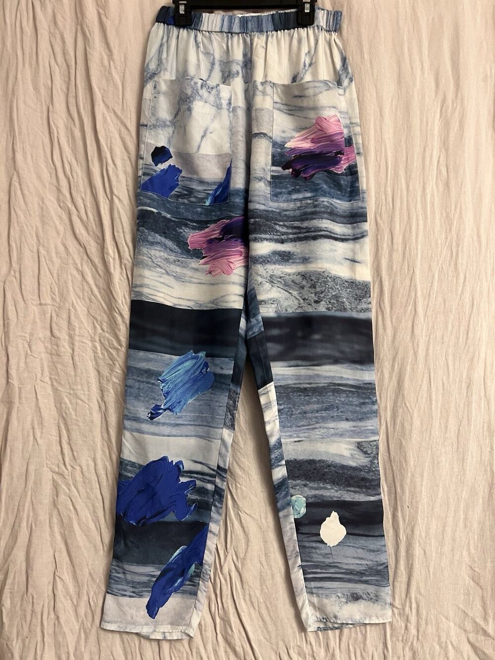 nwot 100% pure silk  high waisted abstract watercolor art print pants luxe